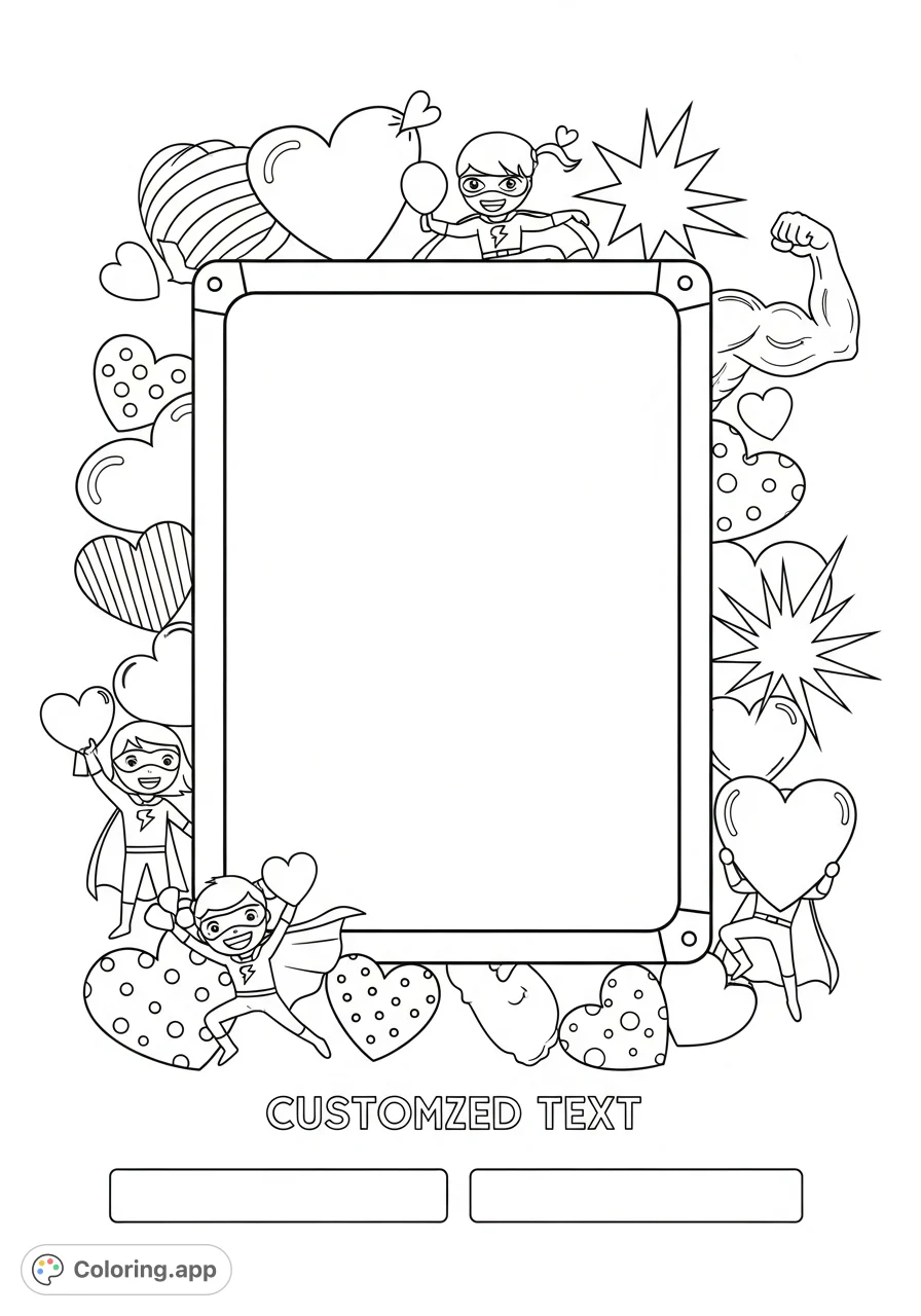 A delightful self-portrait frame featuring hearts, dynamic superheroes, and symbols of strength, perfect for personalizing with your own drawing and text!