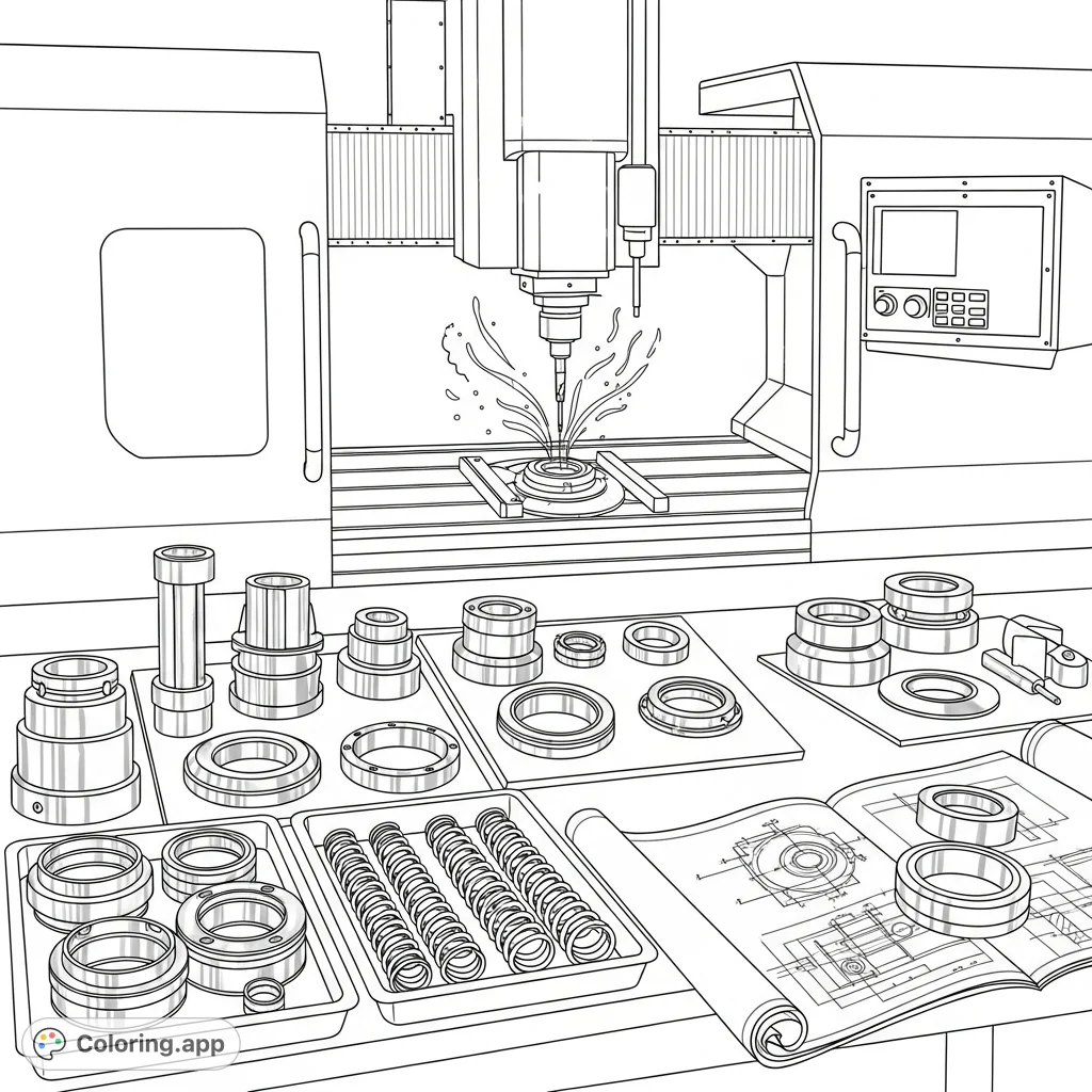 An intricate industrial workshop scene featuring a large CNC machine shaping mechanical seals, surrounded by detailed parts and technical blueprints.