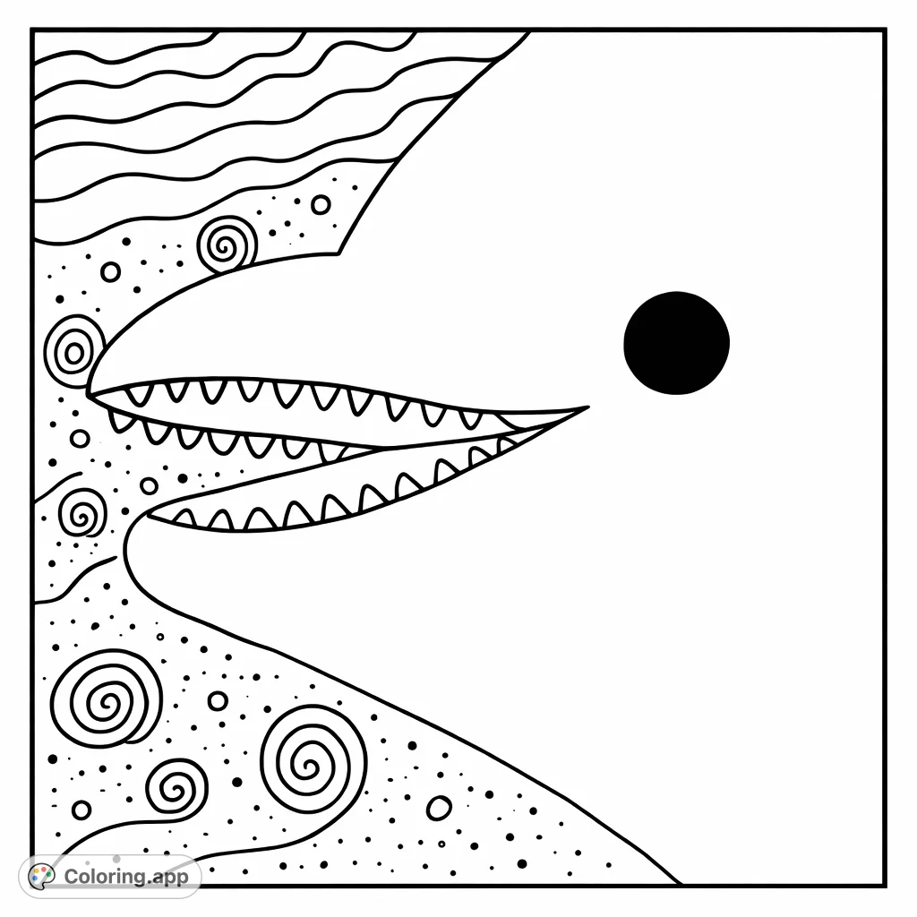 Unleash your imagination with this abstract creature coloring page featuring a whimsical form, a toothy mouth, a bold eye, and intricate patterns.