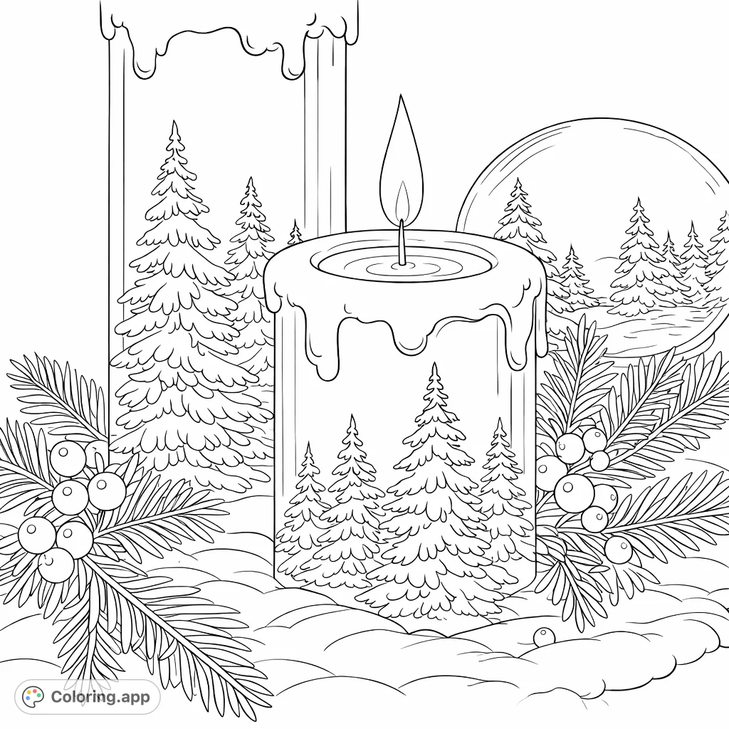 A charming winter scene featuring two candles adorned with melting wax, surrounded by snowy pine branches, berries, and a serene evergreen forest backdrop.