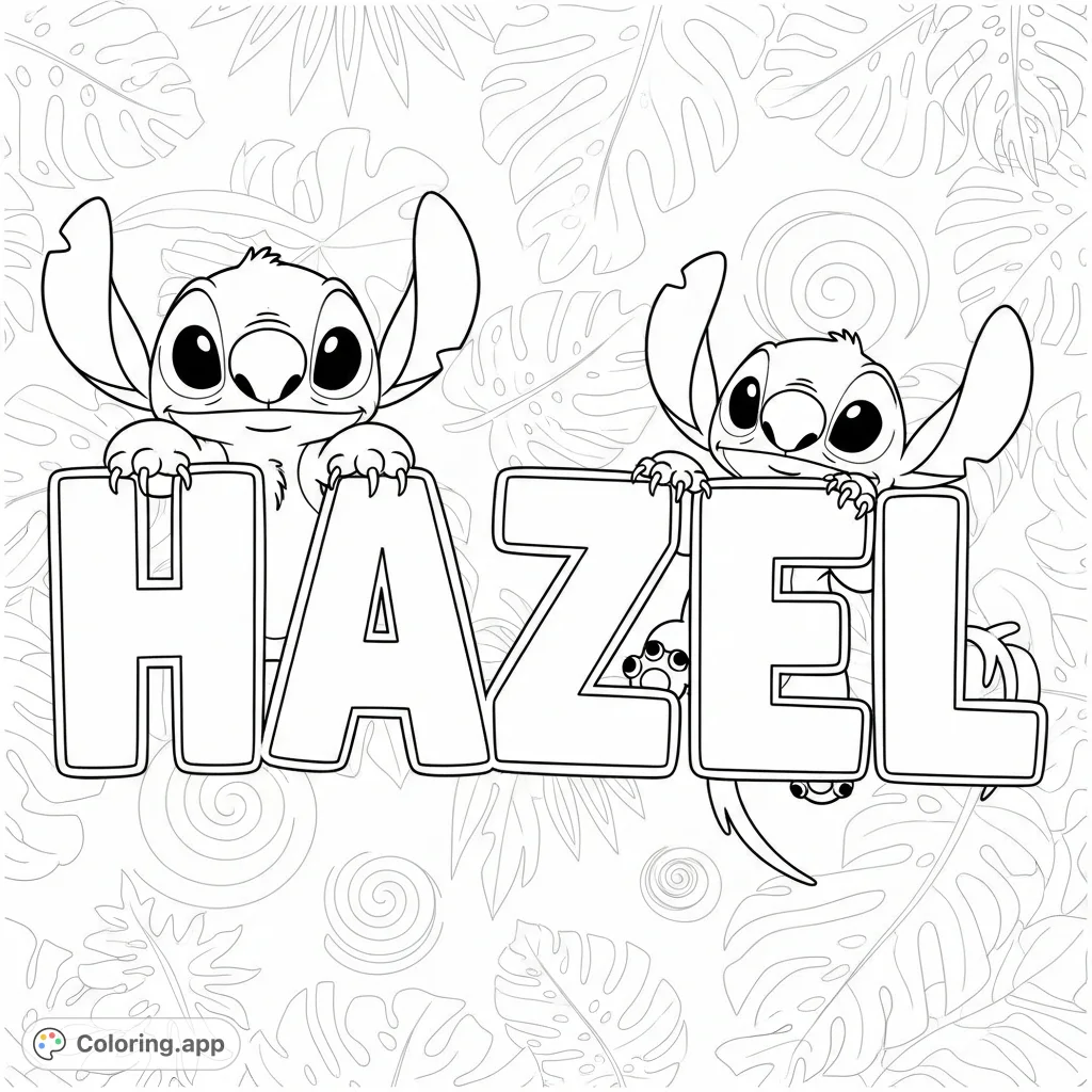 Color this delightful page featuring the bold name "Hazel" and the mischievous Stitch character interacting joyfully. A fun, personalized coloring activity!