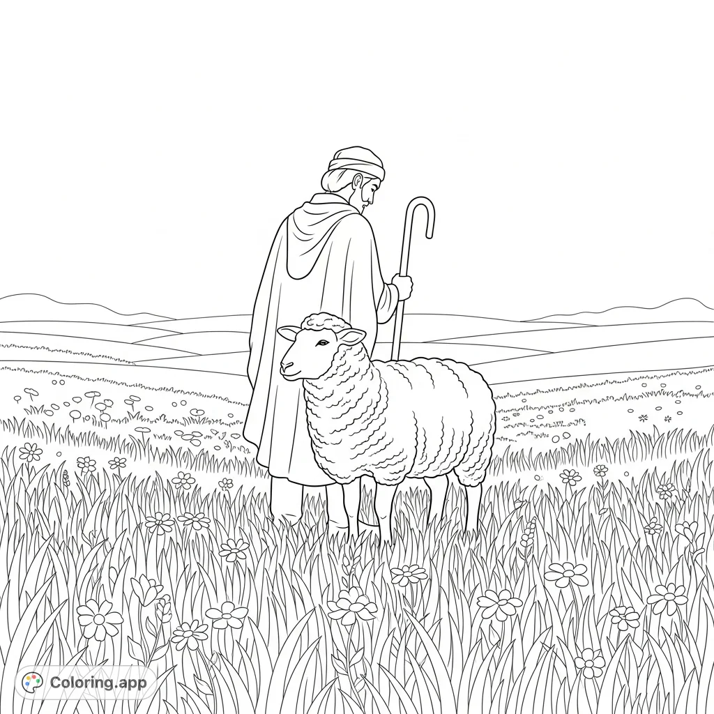 A heartwarming shepherd coloring page, featuring a shepherd and a protective sheep in a sunny grassy meadow. A free printable coloring page for all ages.