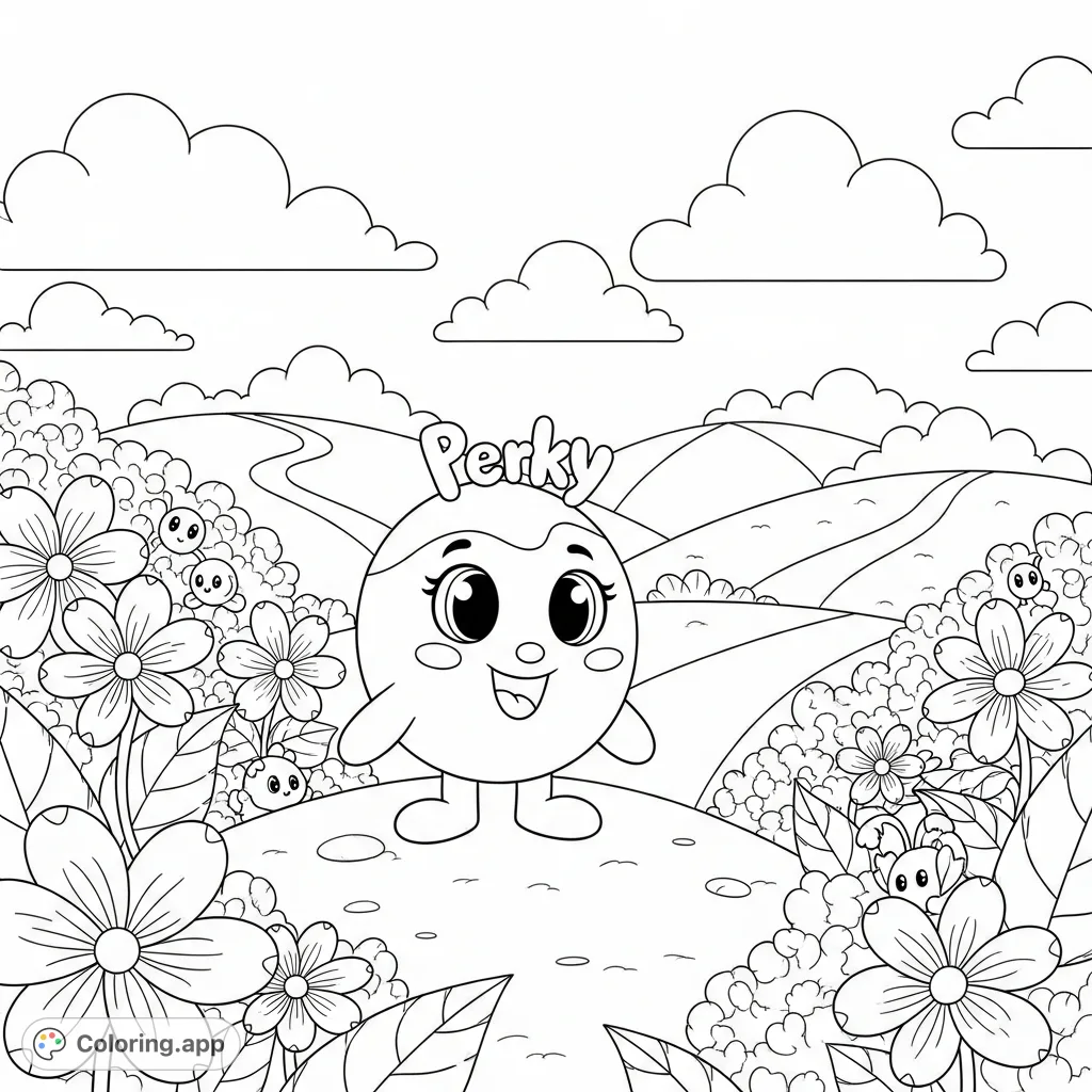 Explore Perky's enchanting world! A cheerful character amidst oversized flowers, rolling hills, and friendly clouds awaits your creative touch.