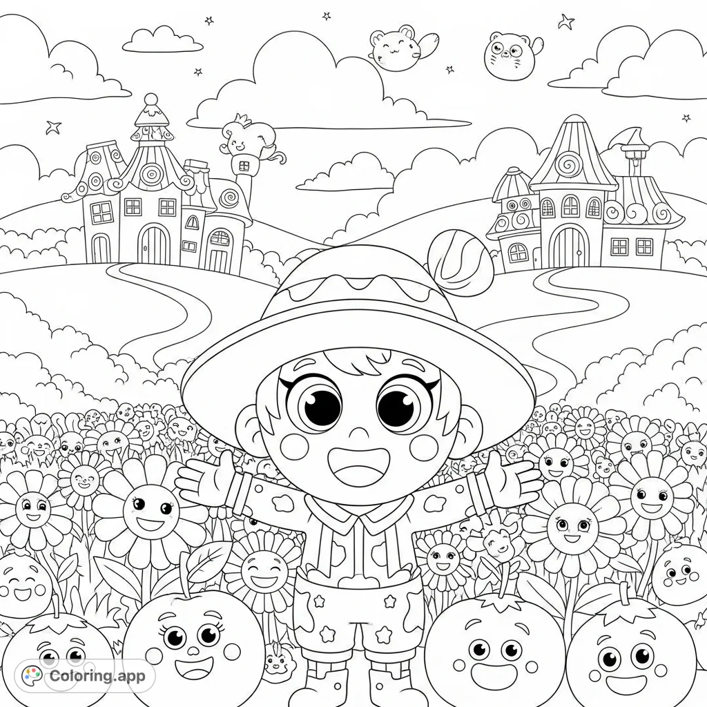 Explore the cheerful Perky World, featuring a delightful character, whimsical houses, and friendly, smiling nature. A fun, free printable coloring page for all ages!