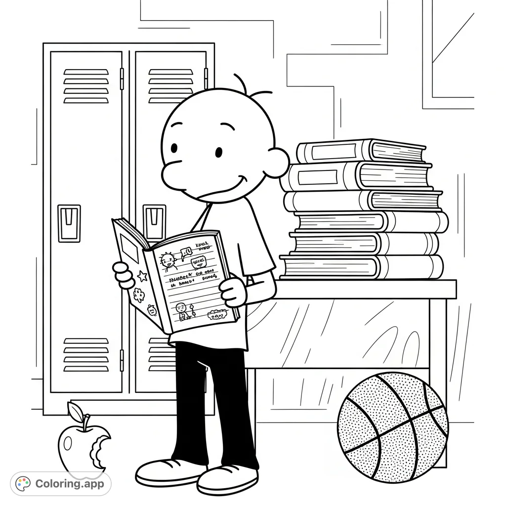 Dive into Greg Heffley's world with this fun Diary of a Wimpy Kid styled coloring page! Features Greg, his journal, and iconic school items.