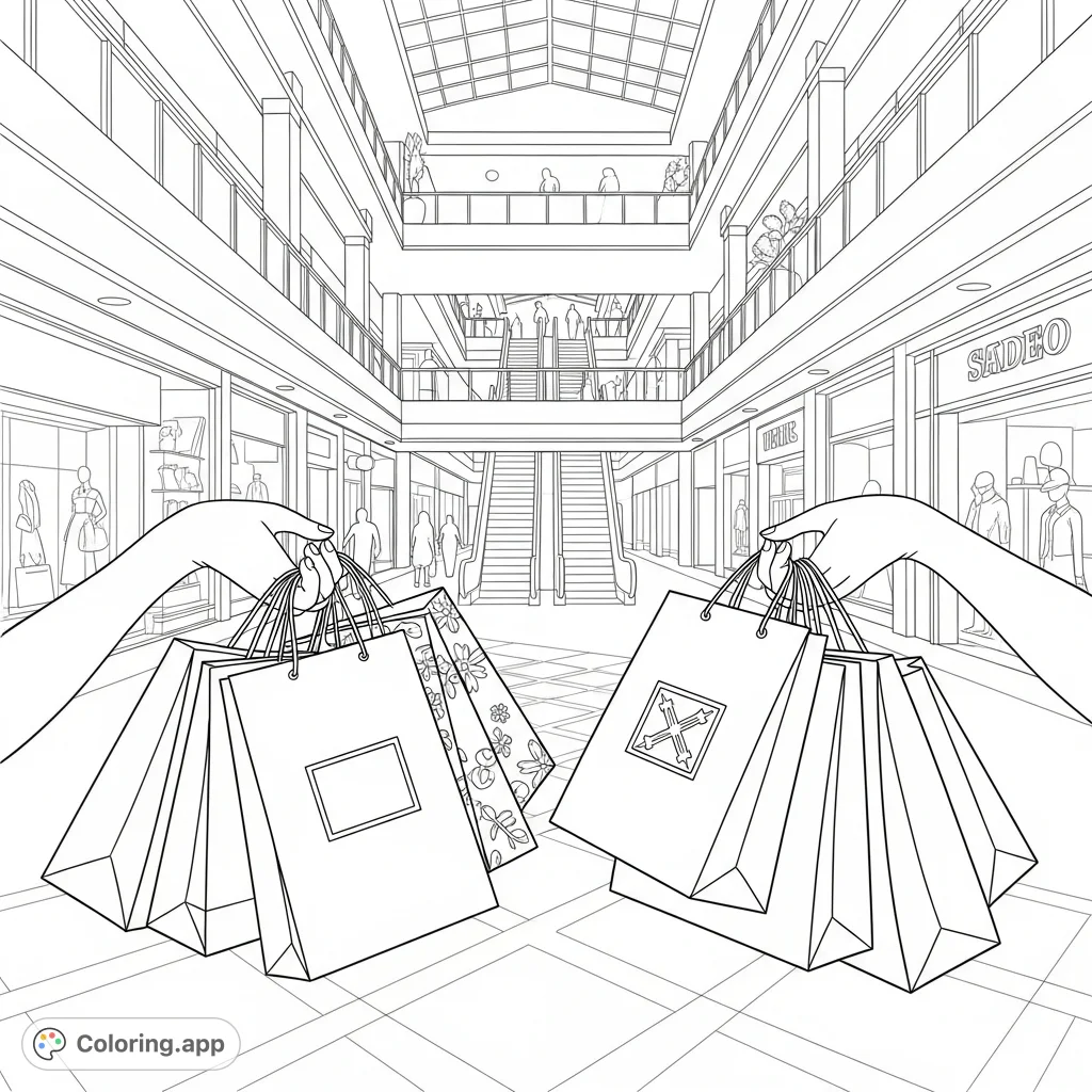 A fashionable mall scene featuring two pairs of hands laden with diverse shopping bags, set against the backdrop of a vibrant, multi-level shopping center.