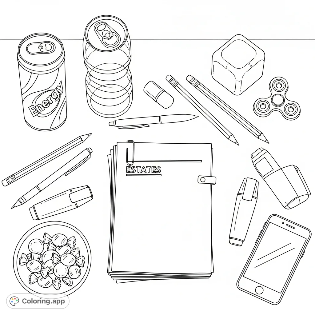 Explore a detailed teacher's desk with essays, drinks, writing tools, and treats from a top-down perspective. Perfect for a relaxing coloring experience.