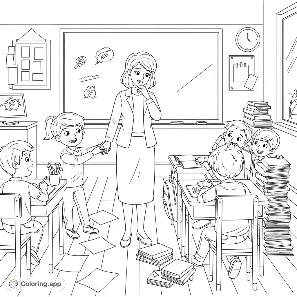 Capture the lively spirit of a school day with this fun classroom chaos coloring page. A teacher navigates a bustling room full of playful students and scattered school supplies.