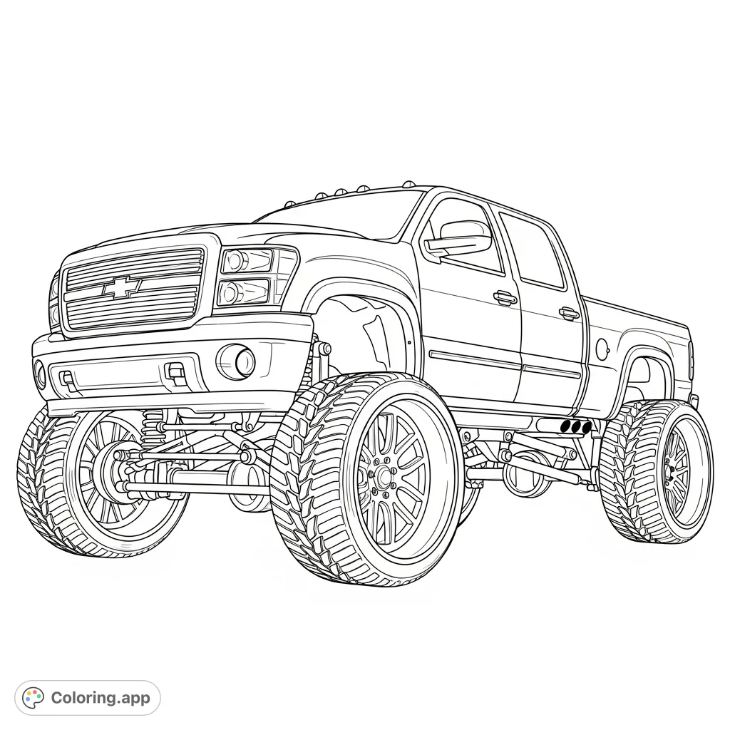 Color a custom squatted truck, a unique vehicle featuring a lowered front, raised rear, and large, detailed wheels. Perfect for truck enthusiasts!
