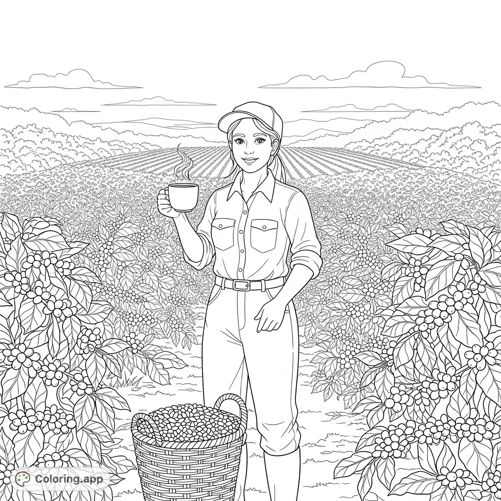A proud female farmer holds her prized coffee cup amidst lush coffee plants, with a basket of fresh beans at her feet. A beautiful scene celebrating agriculture.