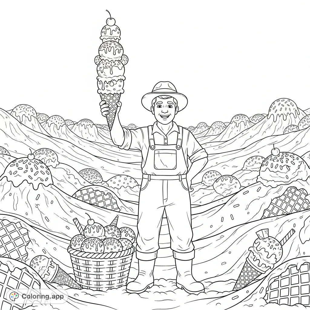 Immerse yourself in a whimsical ice cream field! A proud farmer displays his towering, prized ice cream cone amidst a landscape of sweet frozen treats.