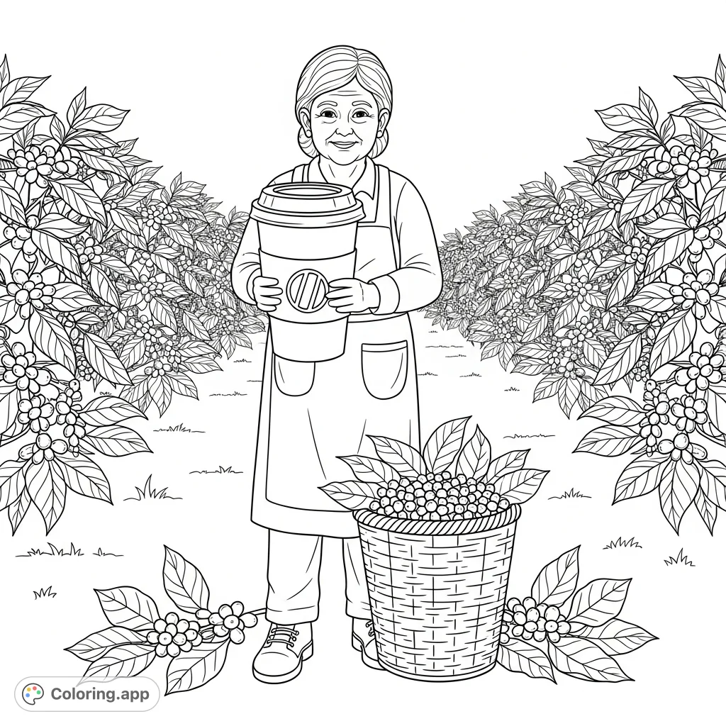 A heartwarming free printable grandma farmer coloring page featuring a cheerful elder holding a giant coffee cup in her flourishing coffee field, a basket of beans at her feet.