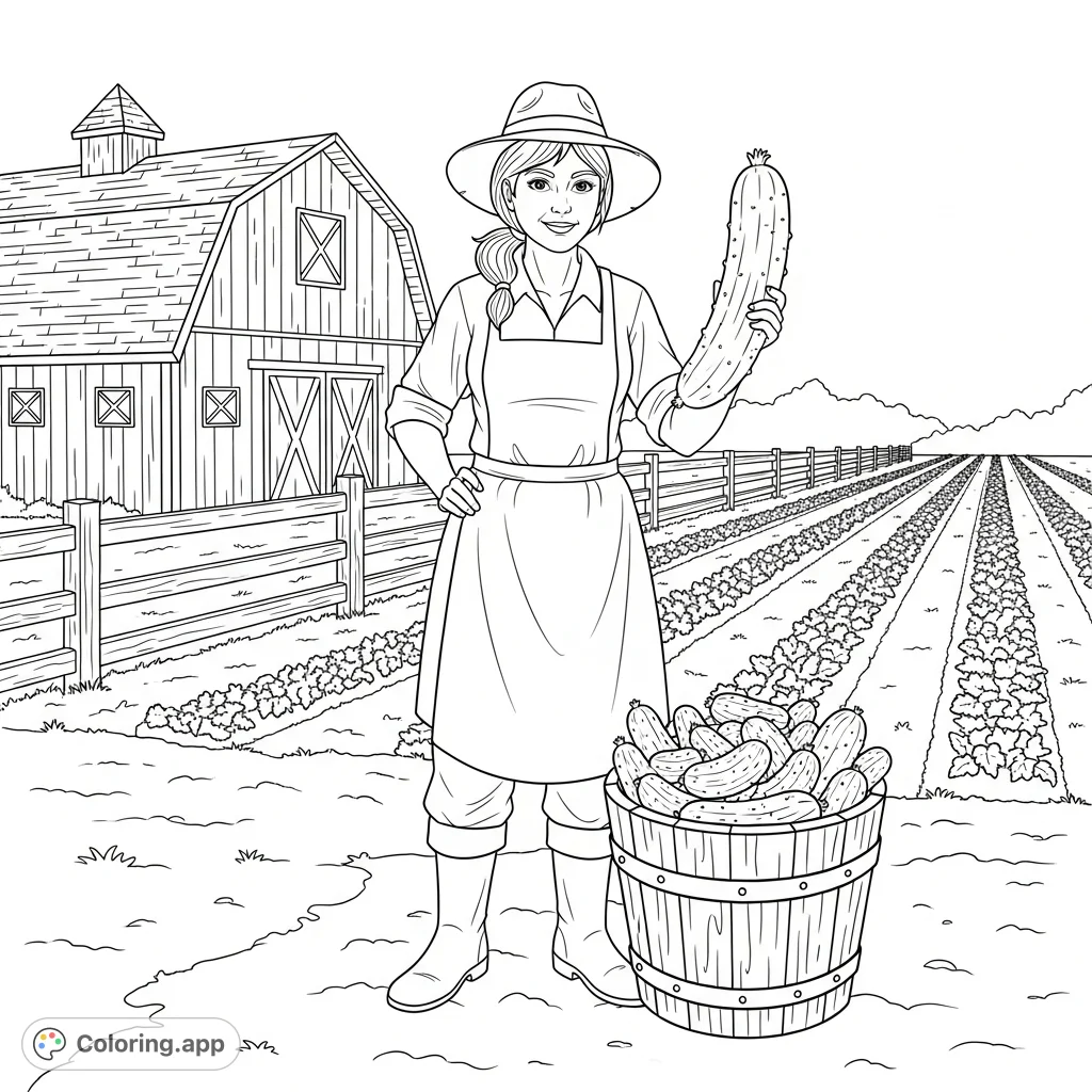 A cheerful female farmer proudly displays a large pickle, standing beside a bucket overflowing with more pickles in a rustic farm scene. Perfect for farm-themed coloring fun!