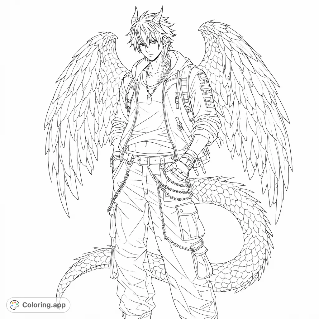 Unleash your creativity with this modern fantasy character featuring dragon wings, horns, and a scaled tail, sporting urban fashion with chains and a confident smirk.