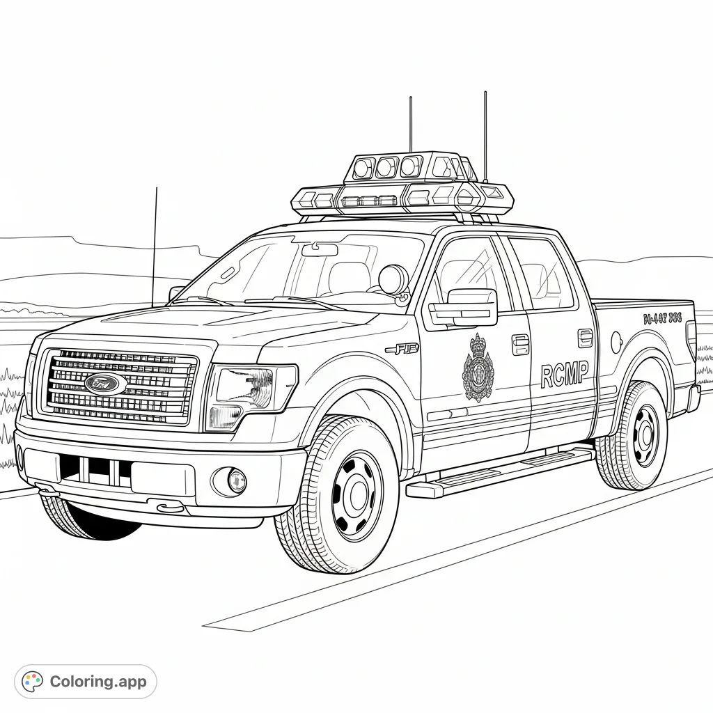 Color a detailed Ford F-150 RCMP truck, featuring its iconic emergency light bar, distinctive emblems, and rugged design on a paved road.