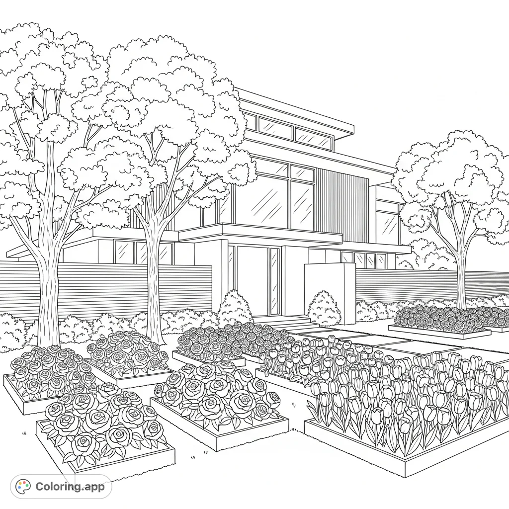 A stylish modern home coloring page with clean lines, surrounded by a structured fence, lush trees, and blooming flowers, offering a serene landscape to color.