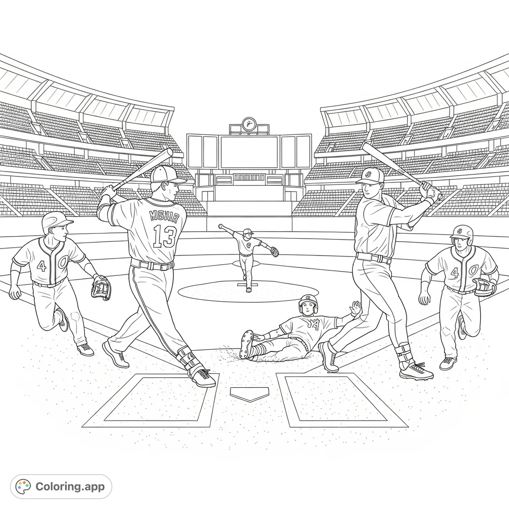 Capture the energy of modern baseball with this detailed coloring page featuring players in various action poses across a grand stadium. Perfect for sports fans.
