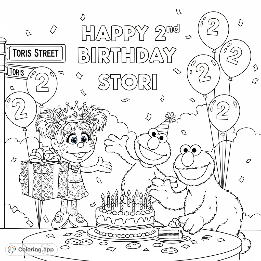 Join Elmo, Abby Cadabby, and Cookie Monster celebrating a 2nd birthday! A festive cake, gift, balloons, and confetti create a joyful scene for coloring.