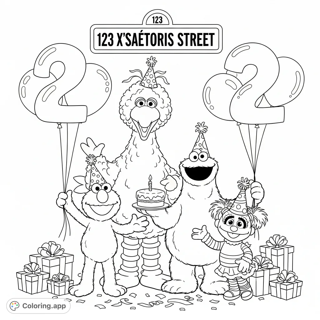 Join Elmo, Big Bird, Cookie Monster, and Abby on Sesame Street for a joyous birthday celebration with cake, balloons, and gifts. A delightful free printable coloring page!