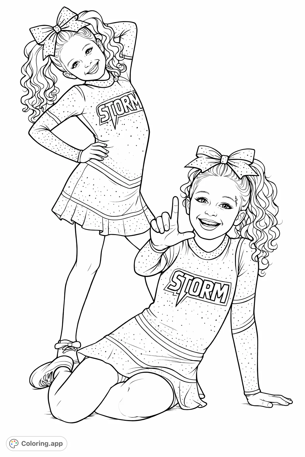 Two energetic cheerleaders in detailed uniforms, one seated and one standing, ready to inspire with their vibrant poses. A dynamic scene perfect for cheering fans.