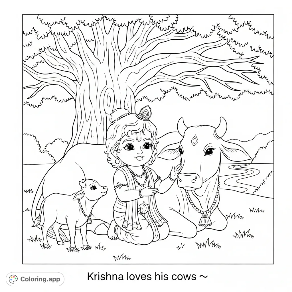 A serene coloring page featuring young Krishna kneeling beside a tranquil cow and a curious calf under an ancient tree, with a winding river background. Includes a sweet caption.