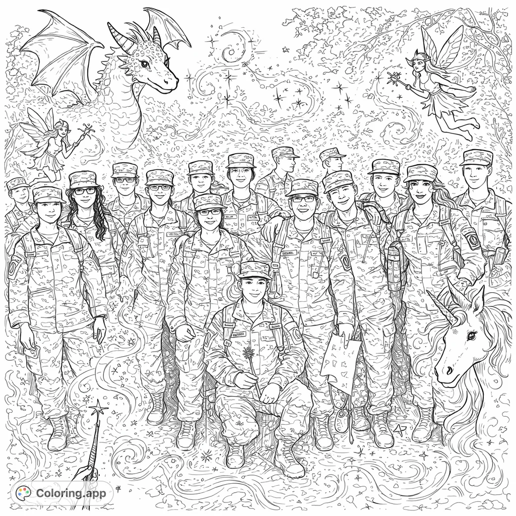 A fantasy squad coloring page featuring a group in patterned uniforms amidst mystical foliage. Perfect for creative adventurers seeking a unique free printable experience.
