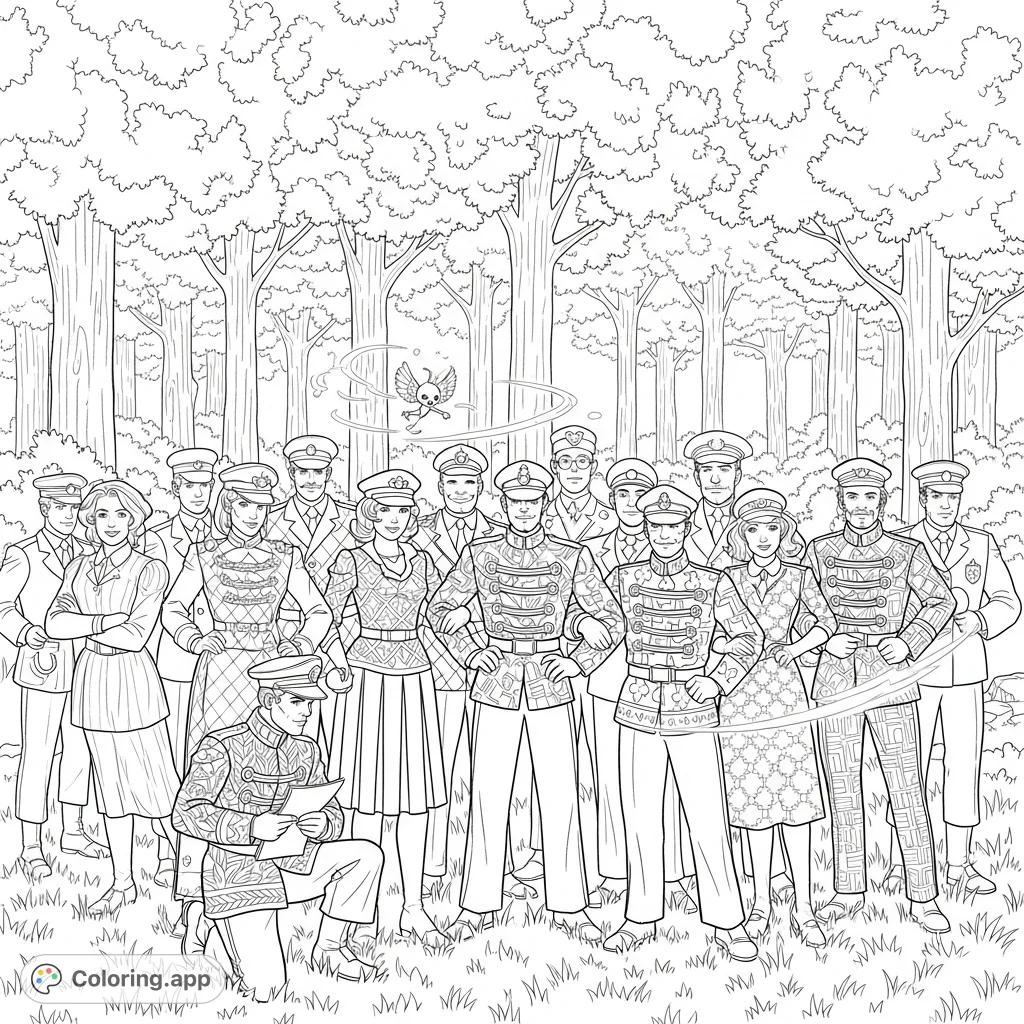 A detailed coloring page featuring a group of uniformed individuals, intricate patterns, and subtle magic in a natural, outdoor setting, perfect for all ages.