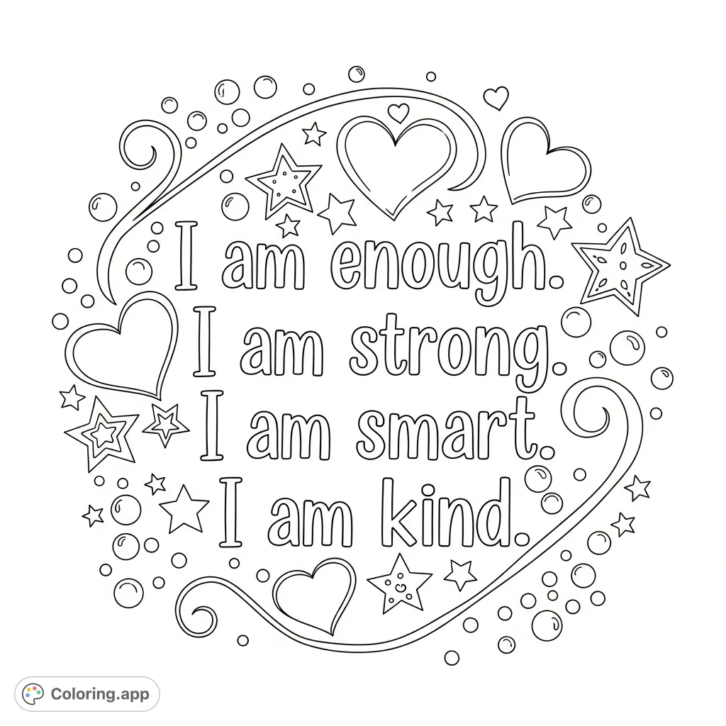 A beautiful affirmation 'I am enough' in elegant script, surrounded by stars, hearts, swirls, and bubbles. A free printable affirmation coloring page for all ages.
