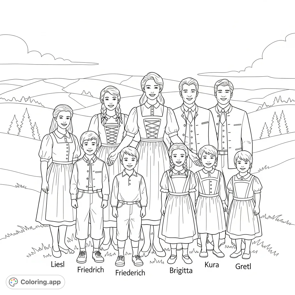 A delightful free printable Von Trapp Family coloring page for kids, featuring Maria and the seven children with their names for a fun, educational activity.