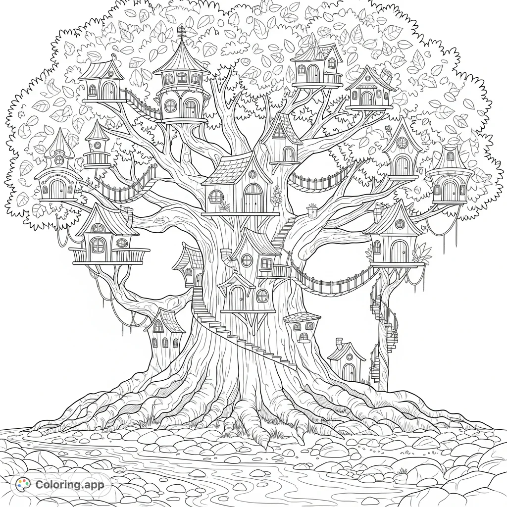 Discover an enchanting fairy tree village coloring page. A colossal tree hosts intricate homes, winding staircases, and a serene stream below for your creative touch.