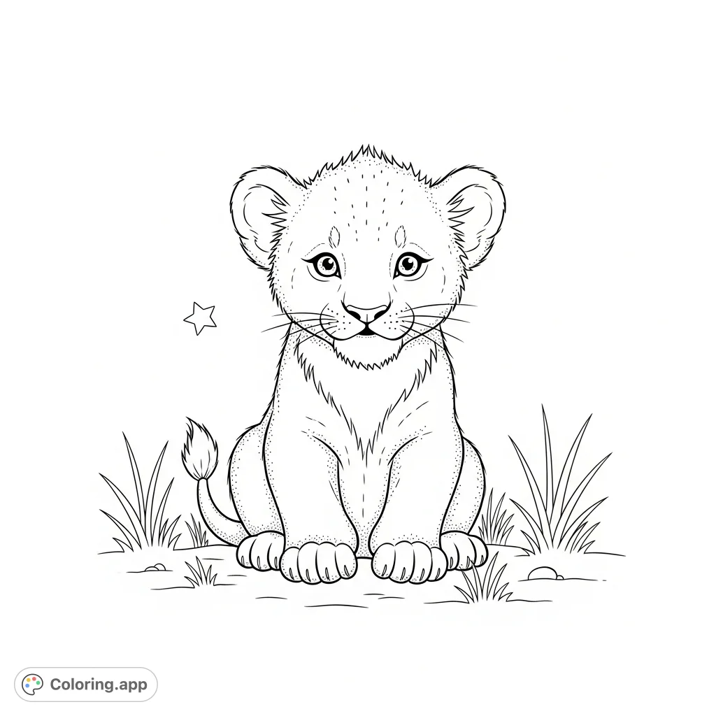 A delicate baby lion cub with a small mane, surrounded by savanna grasses and a star. Perfect for a baby shower or nursery theme coloring page.