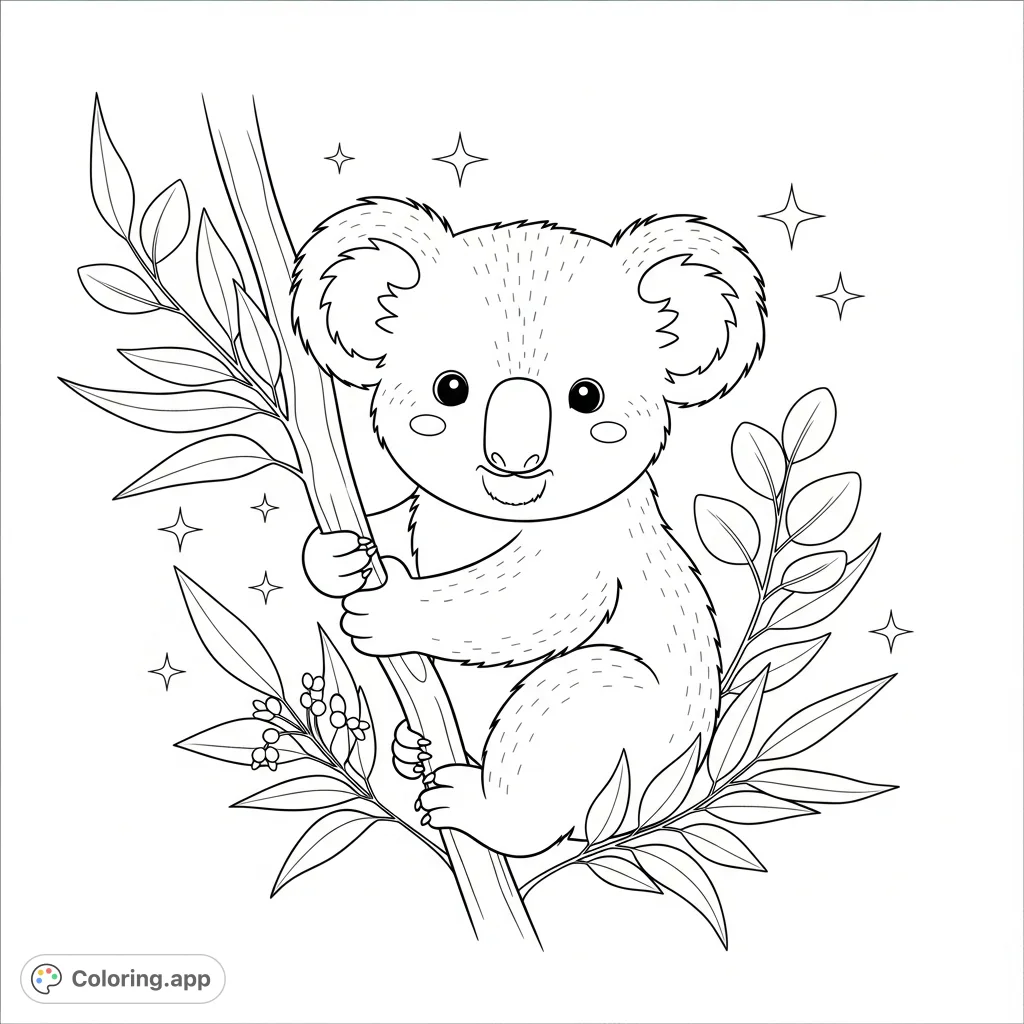 A charming baby koala hugs a eucalyptus branch, surrounded by leaves and soft sparkles, perfect for a whimsical baby shower coloring page. A delightful free printable design.
