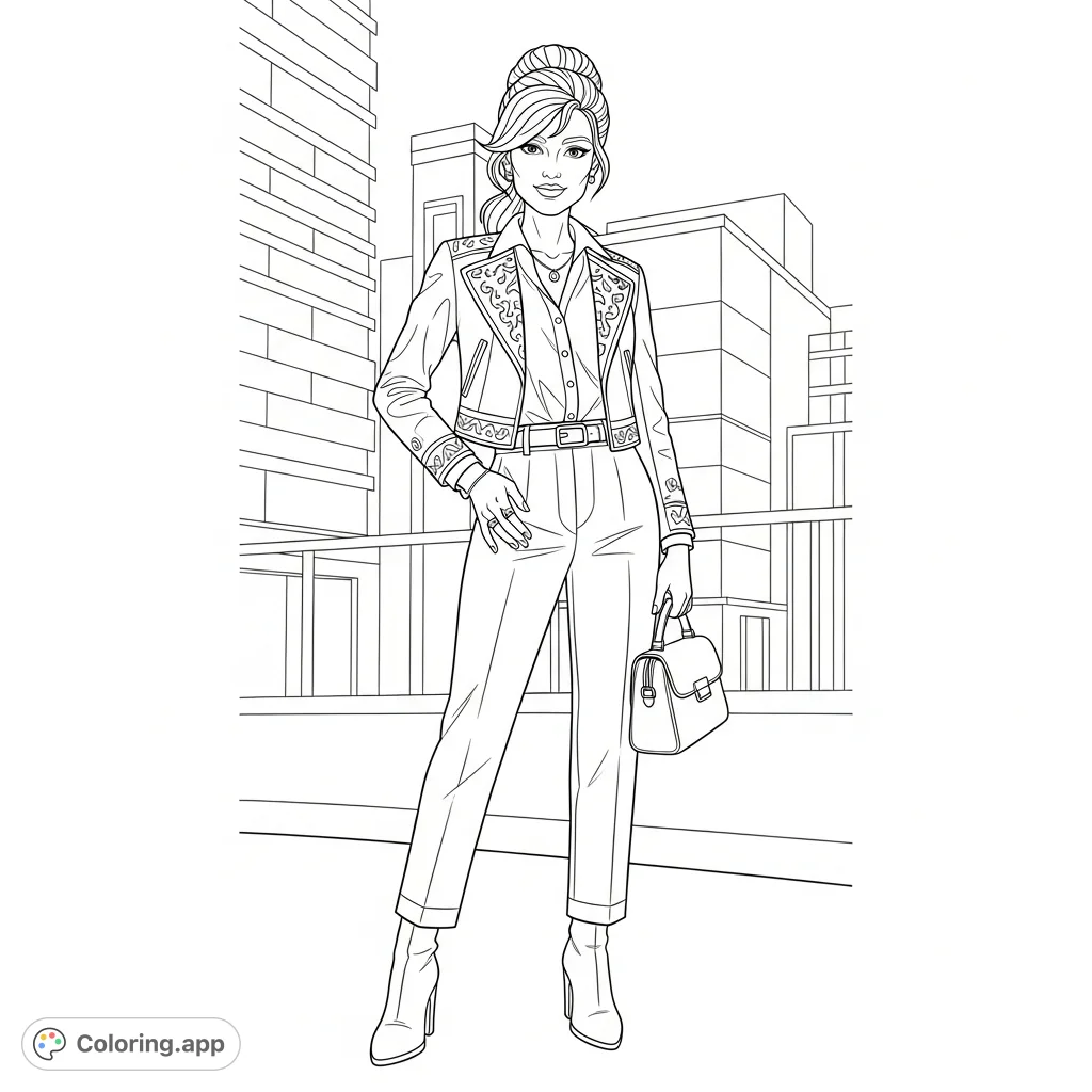 Meet London Bailey, a stylish character striking a confident pose amidst an urban backdrop. A fun and free printable coloring page for fashion enthusiasts.