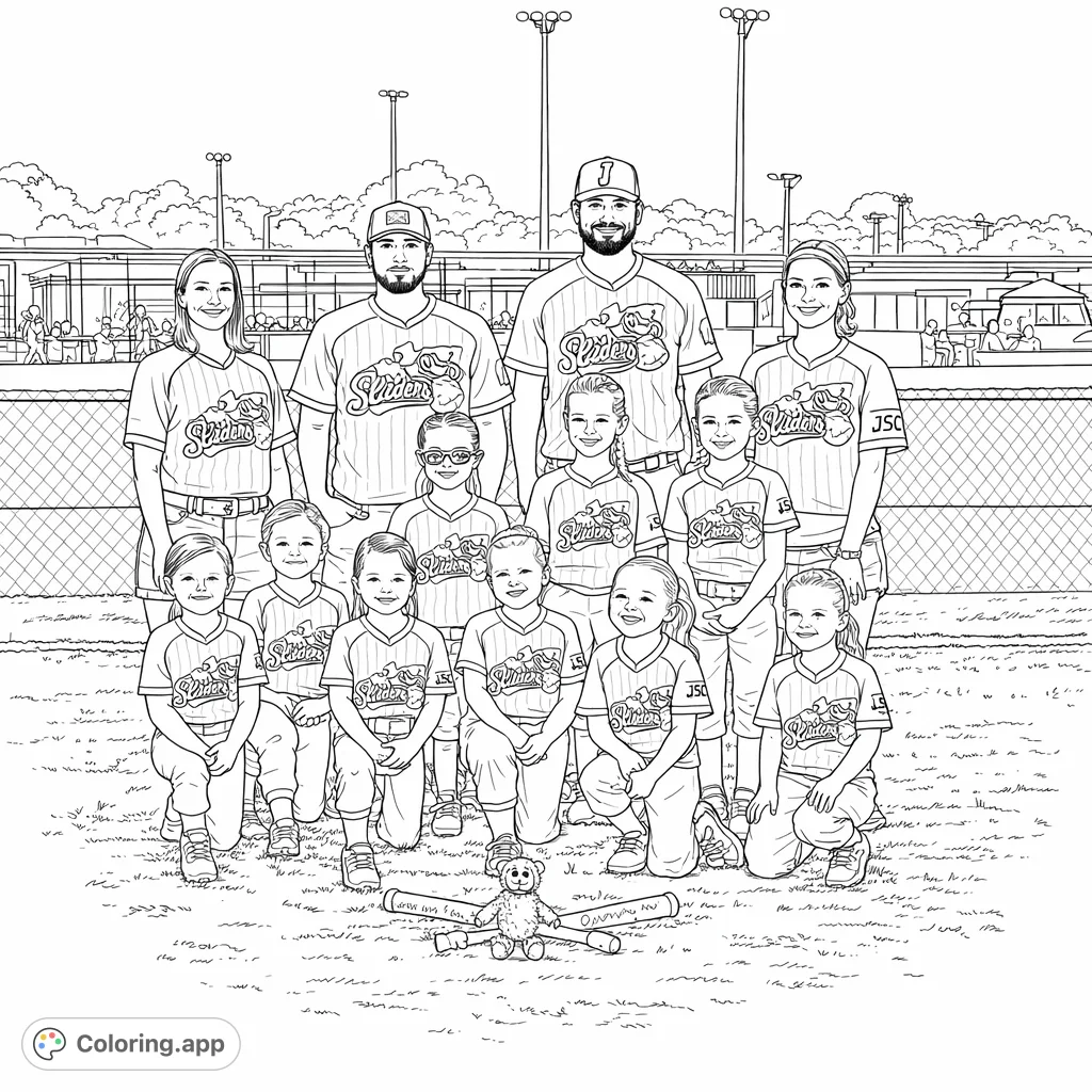 A joyful youth softball team and their coaches pose for a group photo on the field. Features uniforms, a cute sloth mascot, and sports equipment.