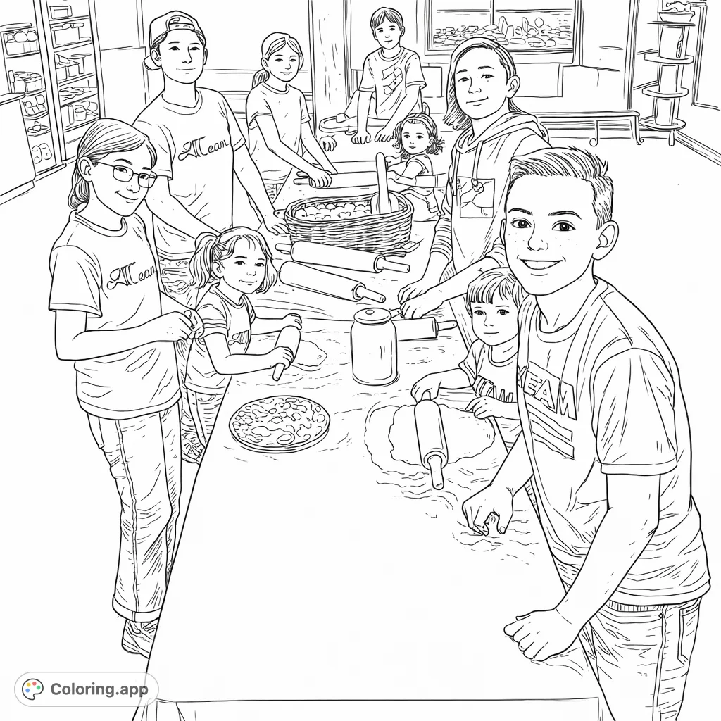 Join a lively group of kids and adults enjoying baking! This fun coloring page features rolling pins, flour, and happy faces, perfect for creative kitchen adventures.