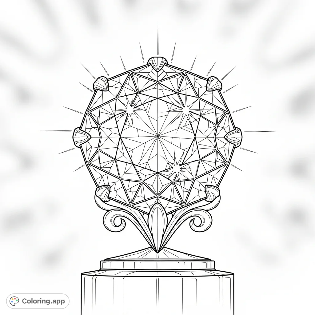 Discover an exquisite, multi-faceted jewel atop a sleek pedestal, radiating intricate patterns and brilliant sparkle. A captivating design for detailed coloring.