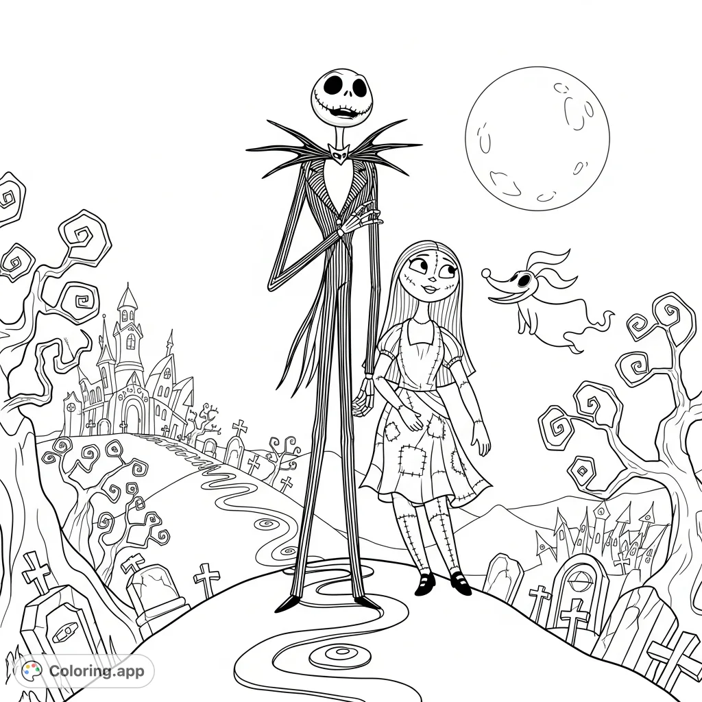 Step into Halloween Town! Color Jack Skellington, Sally, and Zero on Spiral Hill with iconic spooky trees and gravestones under a grand moon.