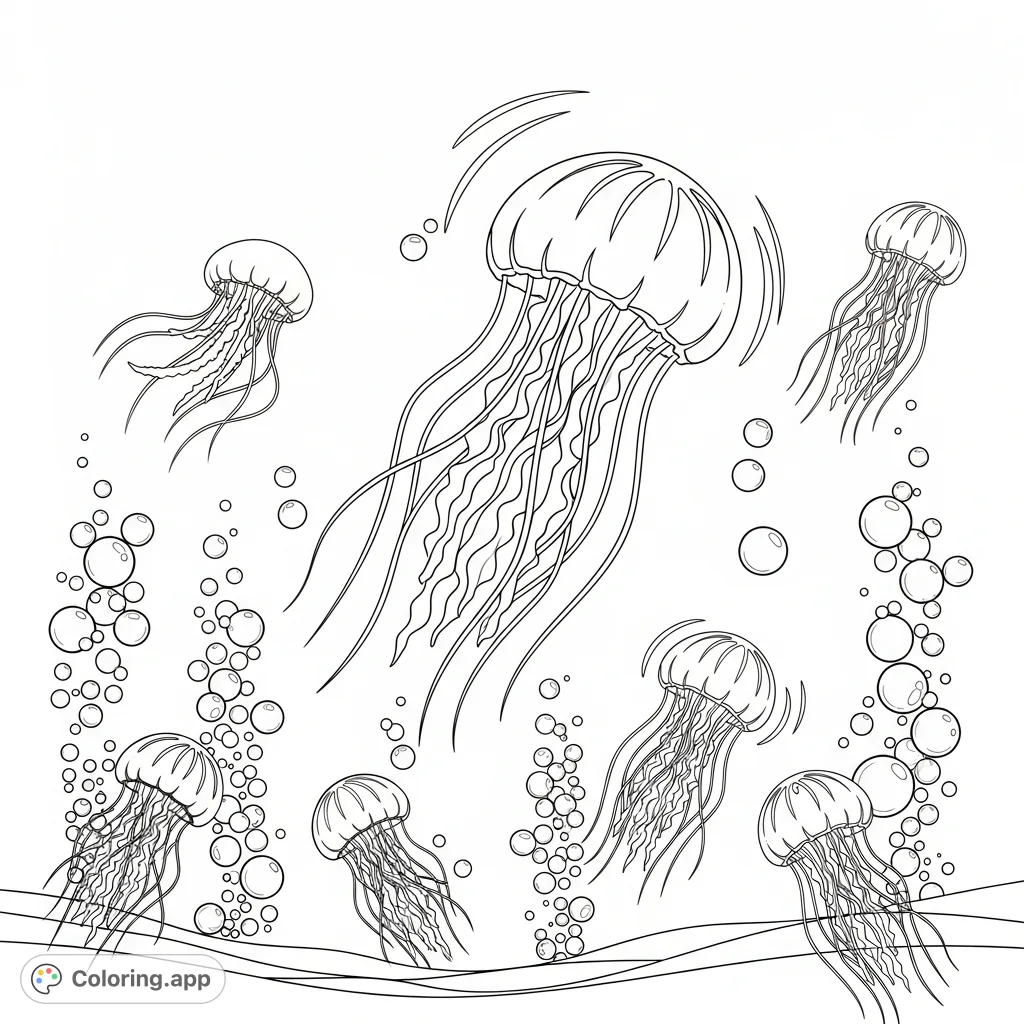 Dive into an enchanting dancing jellyfish coloring page! Graceful jellyfish twirl amidst rising bubbles, creating a magical underwater scene.