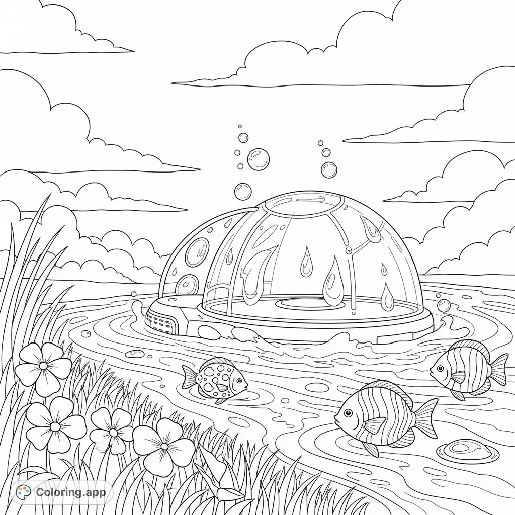 Immerse yourself in a Frutiger Aero coloring page. Features glassy tech, flowing water, lush grass, tropical fish, and bubbles for a nostalgic, optimistic future.