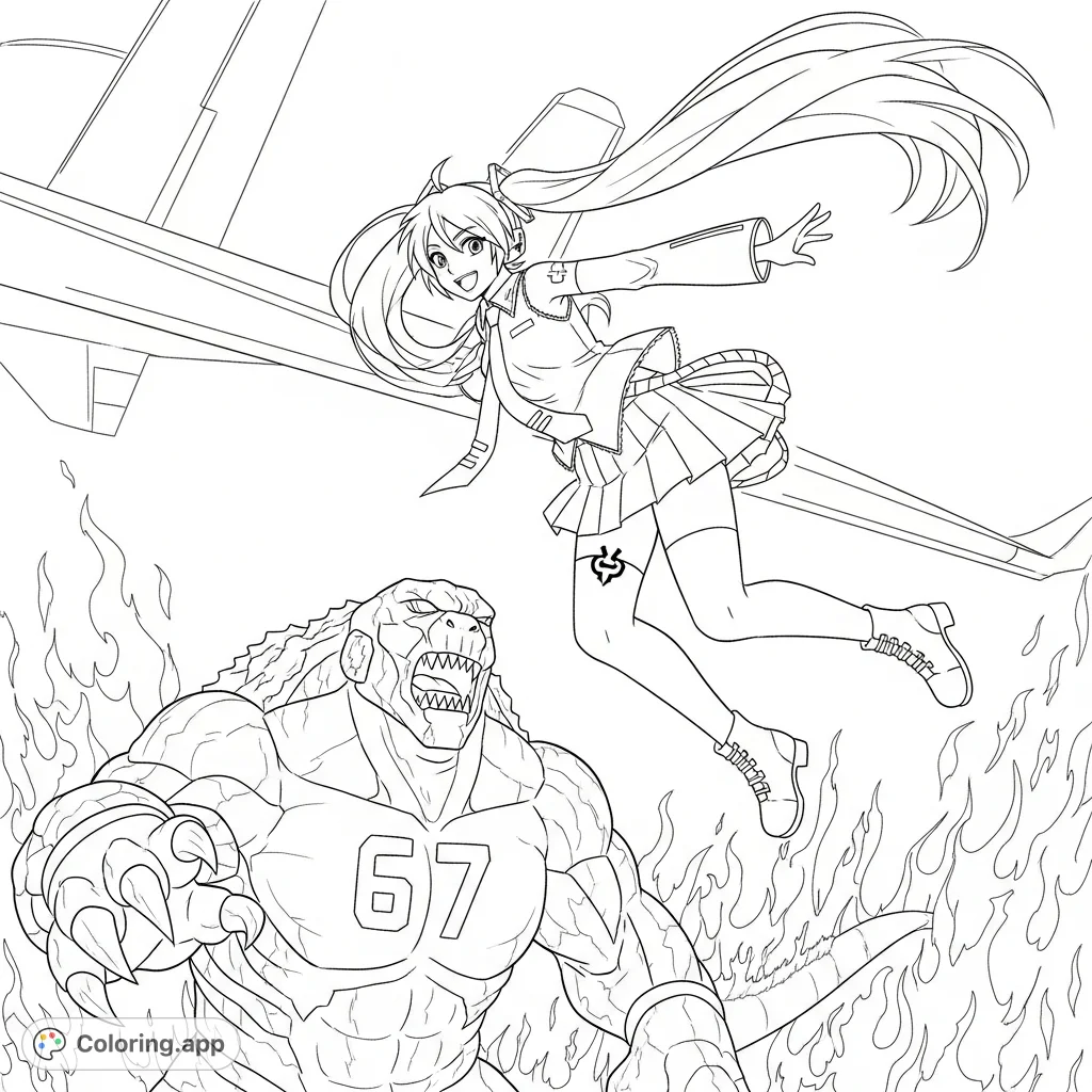 Dynamic anime coloring page featuring Hatsune Miku jumping from an airplane, confronting a giant '67' monster amidst intense flames. Action-packed scene!