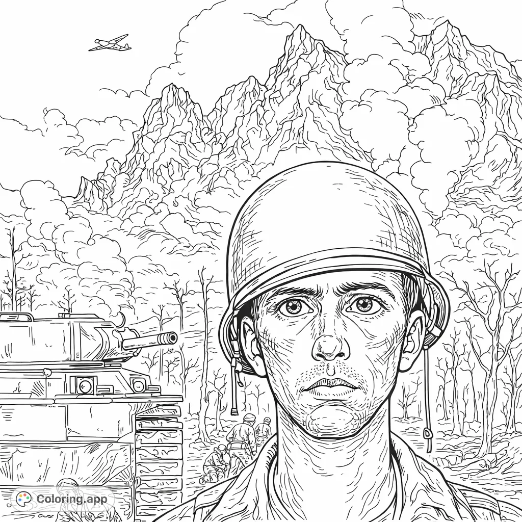An intense military scene featuring a soldier's gaze, a tank, and distant battleground elements with smoke-filled mountains. A detailed war coloring page.
