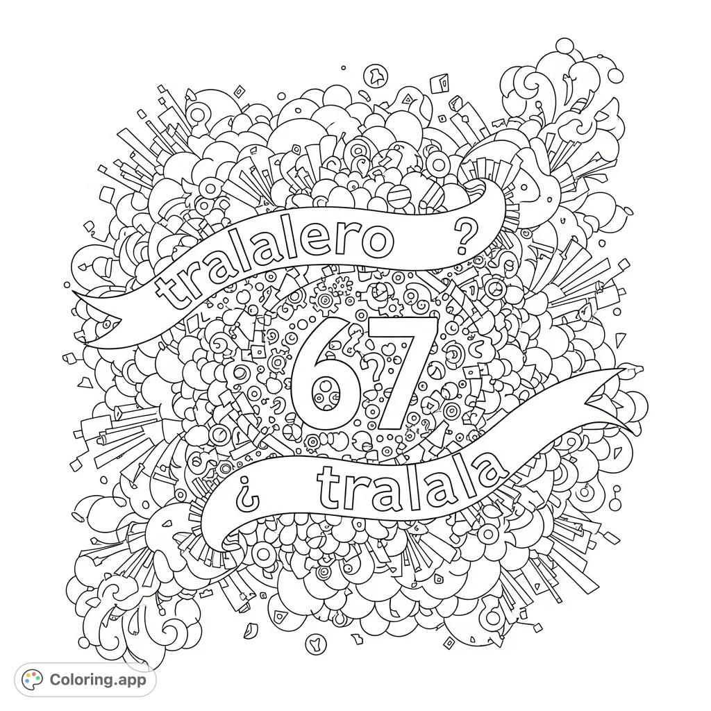 Dive into an intricate, whimsical abstract coloring page featuring flowing words, numbers, and fragmented shapes for a unique creative challenge.