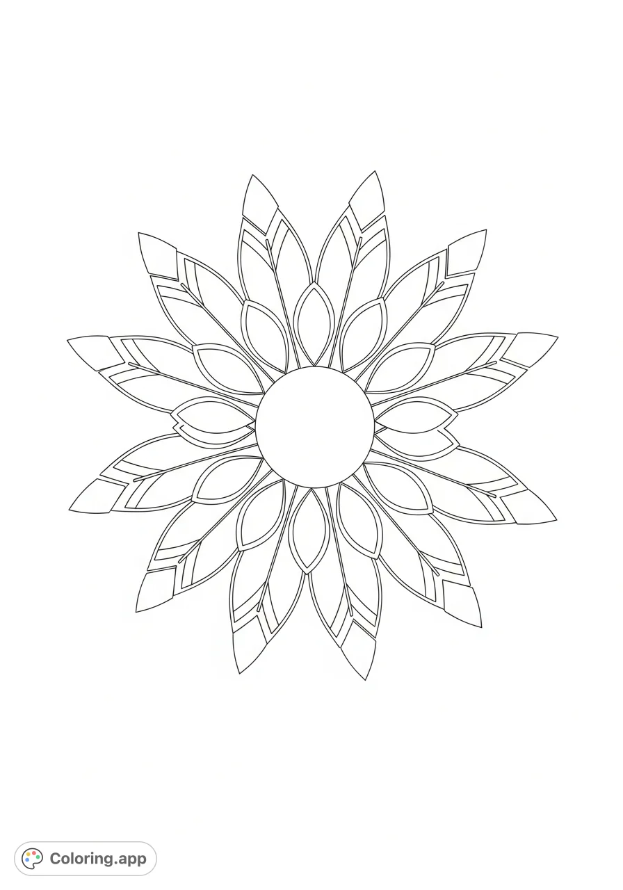 Discover tranquility with this simple radial mandala coloring page. Features soft geometric shapes, symmetrical petal patterns, and a calming design.