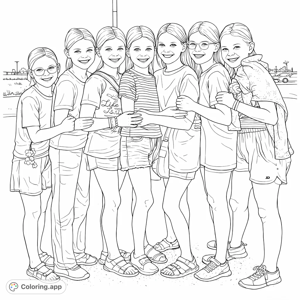 A heartwarming coloring page featuring seven smiling young friends embracing each other, capturing a joyful moment outdoors. Perfect for all ages.