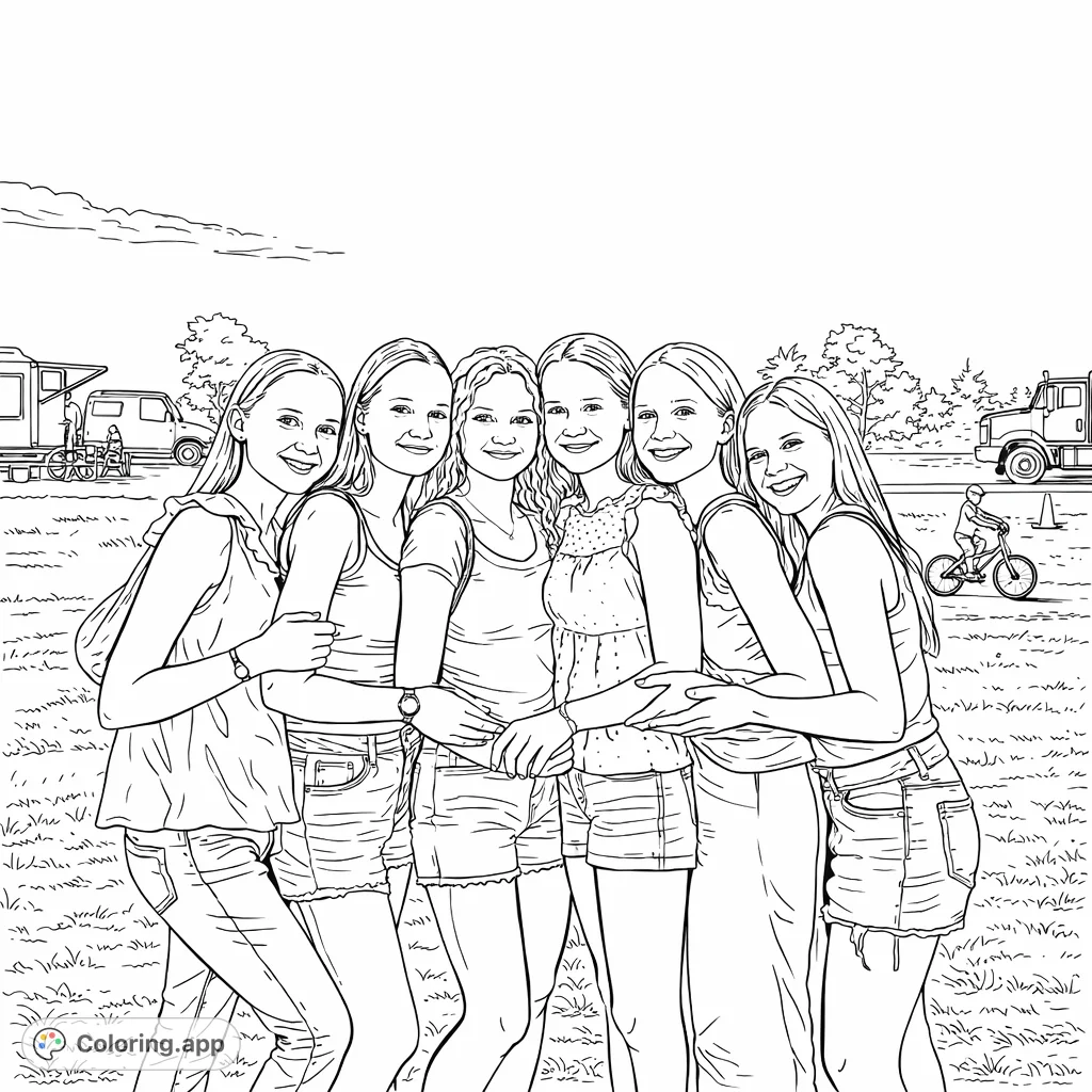 Capture the joy of friendship with this coloring page featuring six smiling individuals embracing outdoors. A heartfelt scene ready for your creative touch.
