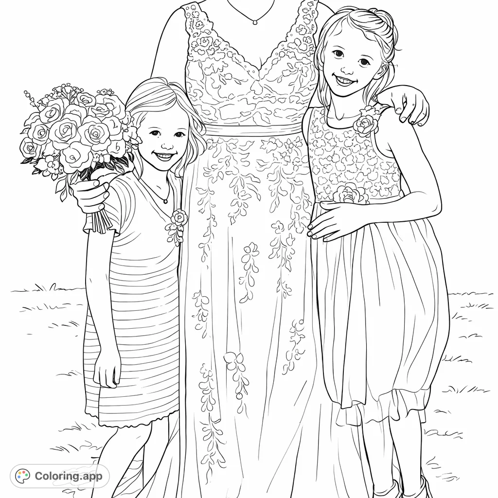 Capture the joy of a special day with a wedding celebration coloring page featuring a bride and two flower girls, complete with intricate gowns and a beautiful bouquet.