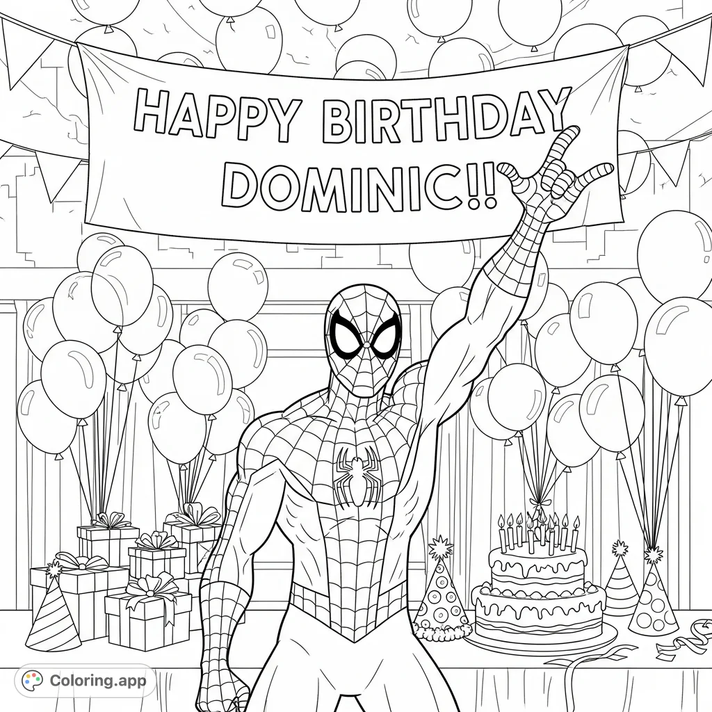 Join Spider-Man heroically at Dominic's festive birthday party! Features the iconic hero, balloons, gifts, and a delicious cake.