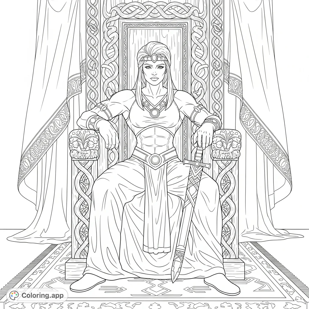 A powerful muscular queen on a intricately carved wooden throne, exuding dominance and confidence in an intimate, detailed setting. Perfect for adult colorists.