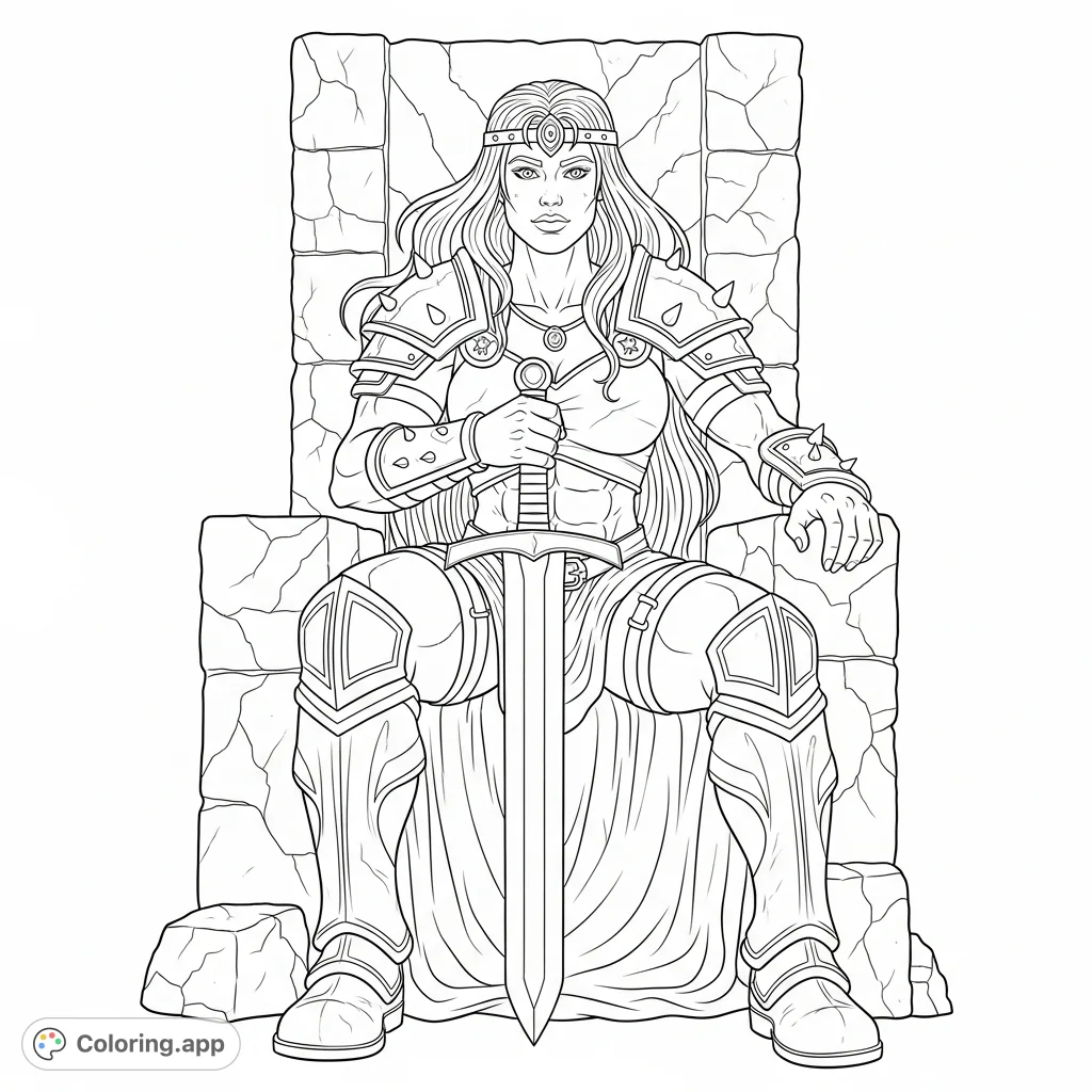 A powerful fantasy warrior queen sits regally on a stone throne, broadsword in hand, featuring muscular details and flowing hair for an epic coloring adventure.