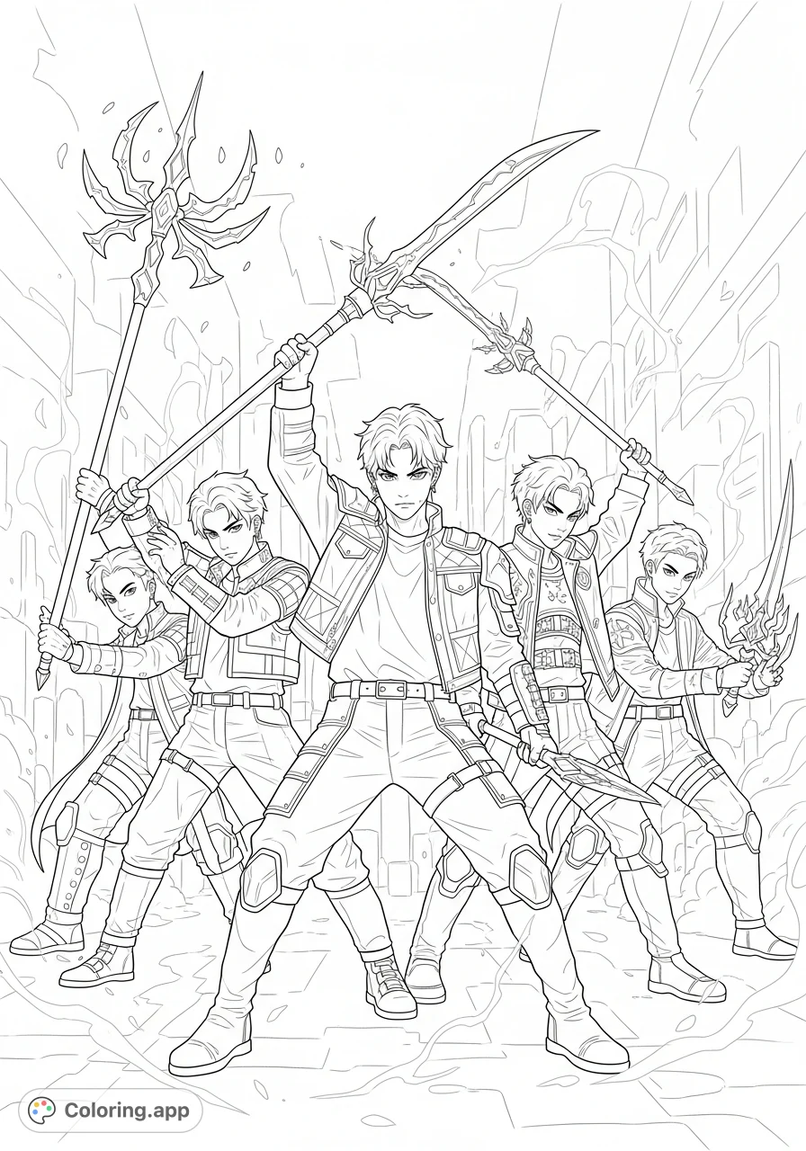 Unleash your creativity with this K-pop Demon Hunters coloring page, featuring Hendrix and the Saja Boys in dynamic action poses.